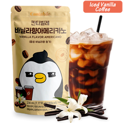 Cantabile Vanilla Flavor Americano: koreanischer Eiskaffee im 230-ml-Trinkbeutel mit Pinguin-Motiv