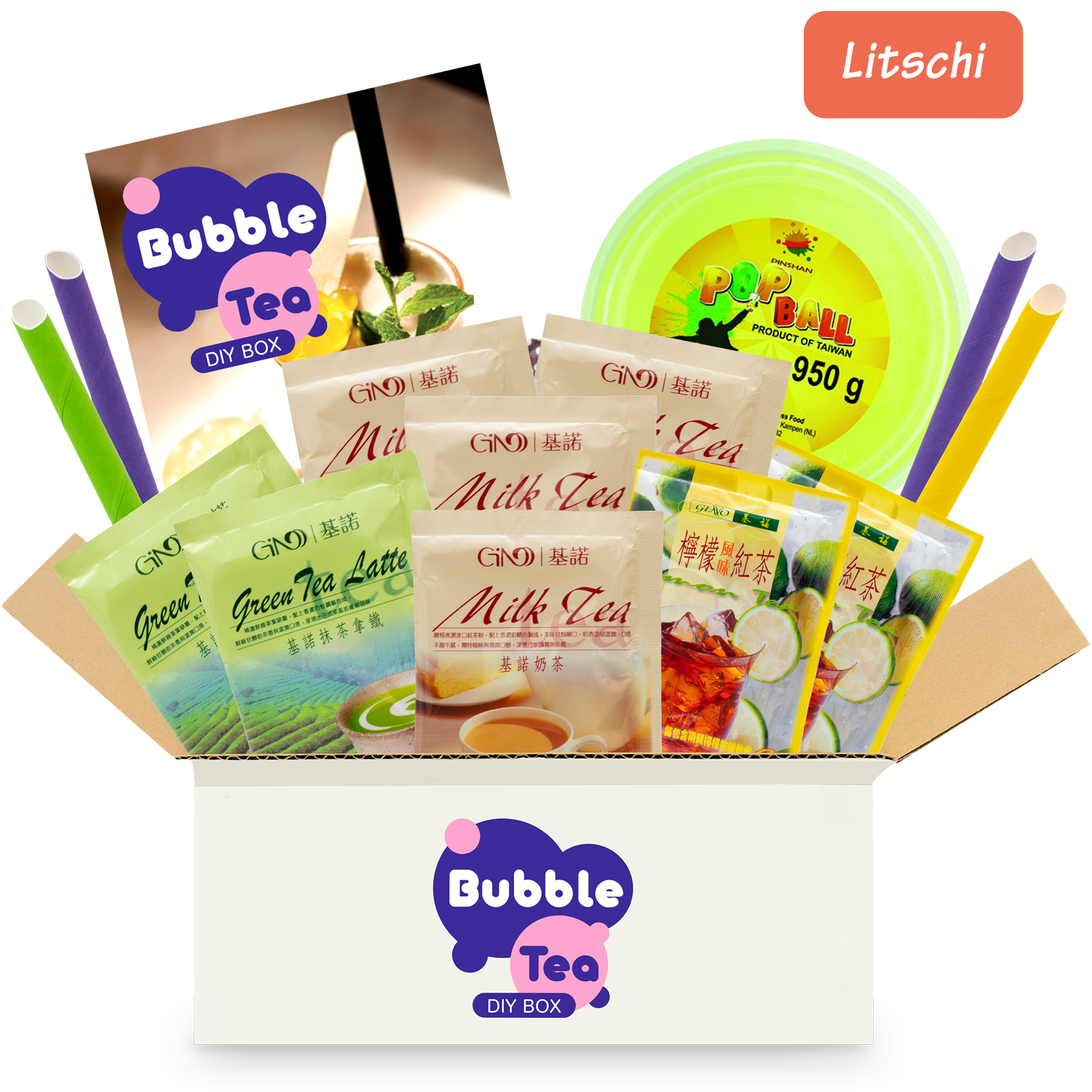 Bubble Tea DIY Box with Popping Boba: Boba Tea Starter Kit for 4 Drinks